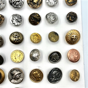 Card of 63 buttons of heads.