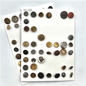 Two cards of 64 animal and other metal pictorial  buttons. 