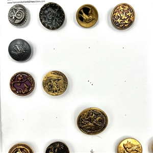 Two cards of 64 animal and other metal pictorial  buttons. 