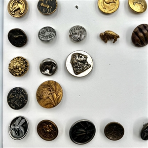 Two cards of 64 animal and other metal pictorial  buttons. 