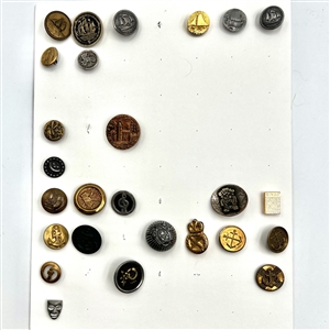 Two cards of 64 animal and other metal pictorial  buttons. 