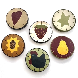 Six painted polymer clay JHB Penny Rug Buttons.