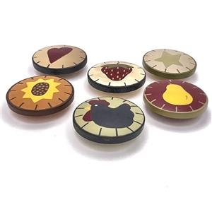 Six painted polymer clay JHB Penny Rug Buttons.