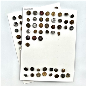 Two cards of 99 metal picture buttons. 