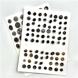 Two cards of 102 steel, brass and other metal buttons. 