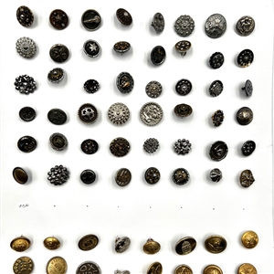 Two cards of 102 steel, brass and other metal buttons. 
