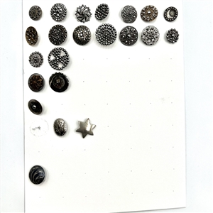 Two cards of 102 steel, brass and other metal buttons. 