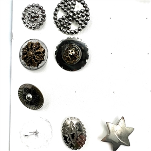 Two cards of 102 steel, brass and other metal buttons. 
