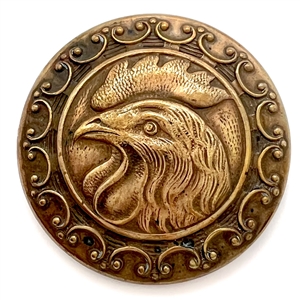 Brass button of a closed mouth rooster.
