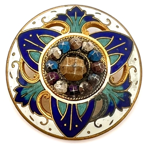 Enamel button with open work and tinted cut-steels. 