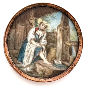 An 18th c. Naughty button - painting on natural material of woman washing her leg.