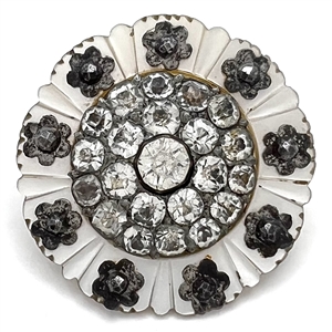 STUNNING 18th c. Pearl button with pastes, cut-steels over steel flowers and faceted paste pin shank center. 