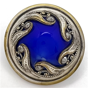 Victorian jewel button with faceted cut-steels and blue glass center.