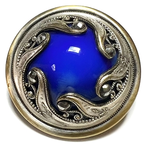 Victorian jewel button with faceted cut-steels and blue glass center.