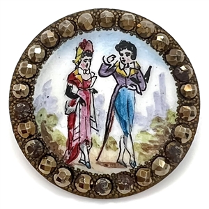 A 19th c. Polychrome enamel button of a courting couple with cut steel border.
