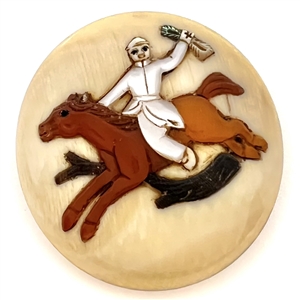 Large Shibayama button of a man riding a horse. 