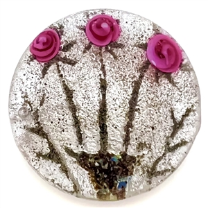 Div I glass with foil background button of roses. 
