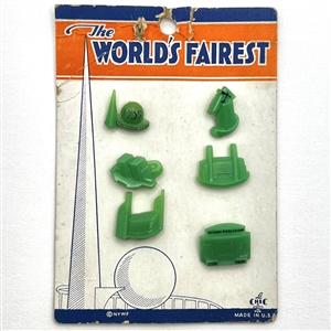 Card of vintage plastic goofies set commemorating the 1939 Worlds Fair.