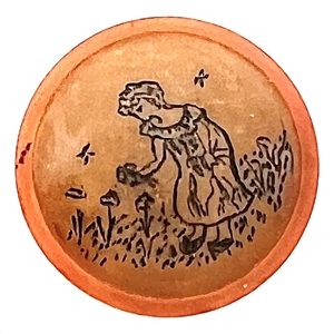 Nancy Dubois vegetable ivory studio button of Kate Greenaway (?) scene.