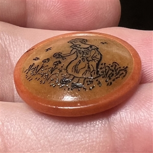 Nancy Dubois vegetable ivory studio button of Kate Greenaway (?) scene.
