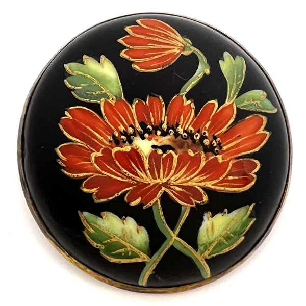 Painted and gold encrusted flowers on glass set in metal button.