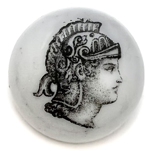 Mid 19th c. transfer on porcelain button of a Greek head. 