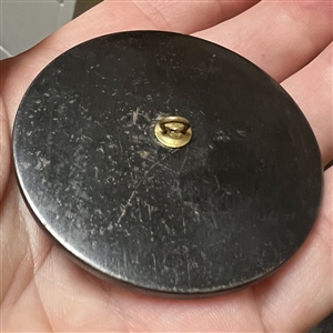 Extra large design under glass button of abalone chips and white metal.